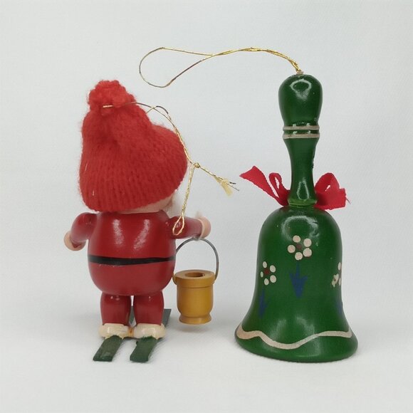 Vintage Christmas Ornament Set Of 2 Wood Bell & Santa On Skis Handpainted 1980s - Picture 5 of 10